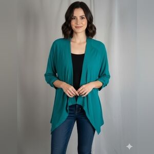 Elegant Teal Draped‎ Cardigan Open Front Knit Relaxed Layering Versatile